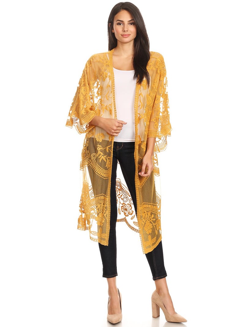 Anna-Kaci Floral Crochet Lace Cardigan for Women Beach Cover Ups Dress Kimono, Yellow, OneSize - Image 1